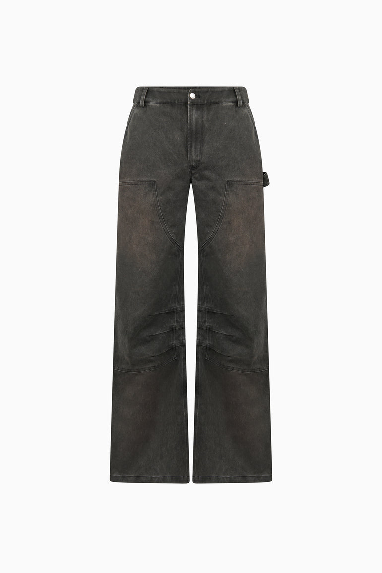 IH NOM UH NIT Carpenter Pants in washed black cotton drill – front and back view.