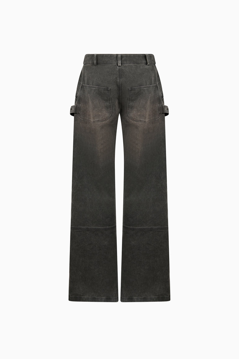 IH NOM UH NIT Carpenter Pants in washed black cotton drill – front and back view.