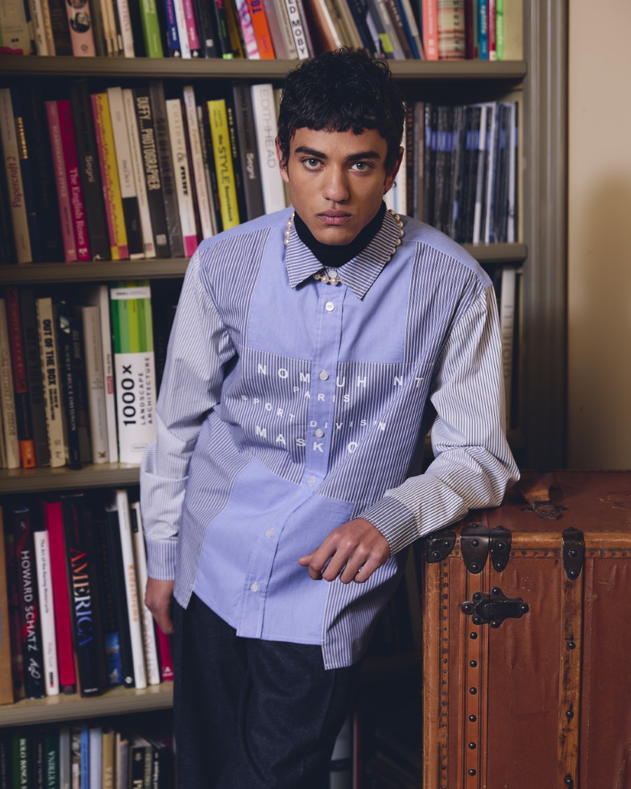 IH NOM UH NIT Fall/Winter 2026 look with Mixed Stripe Shirt and wide pleated flannel pants