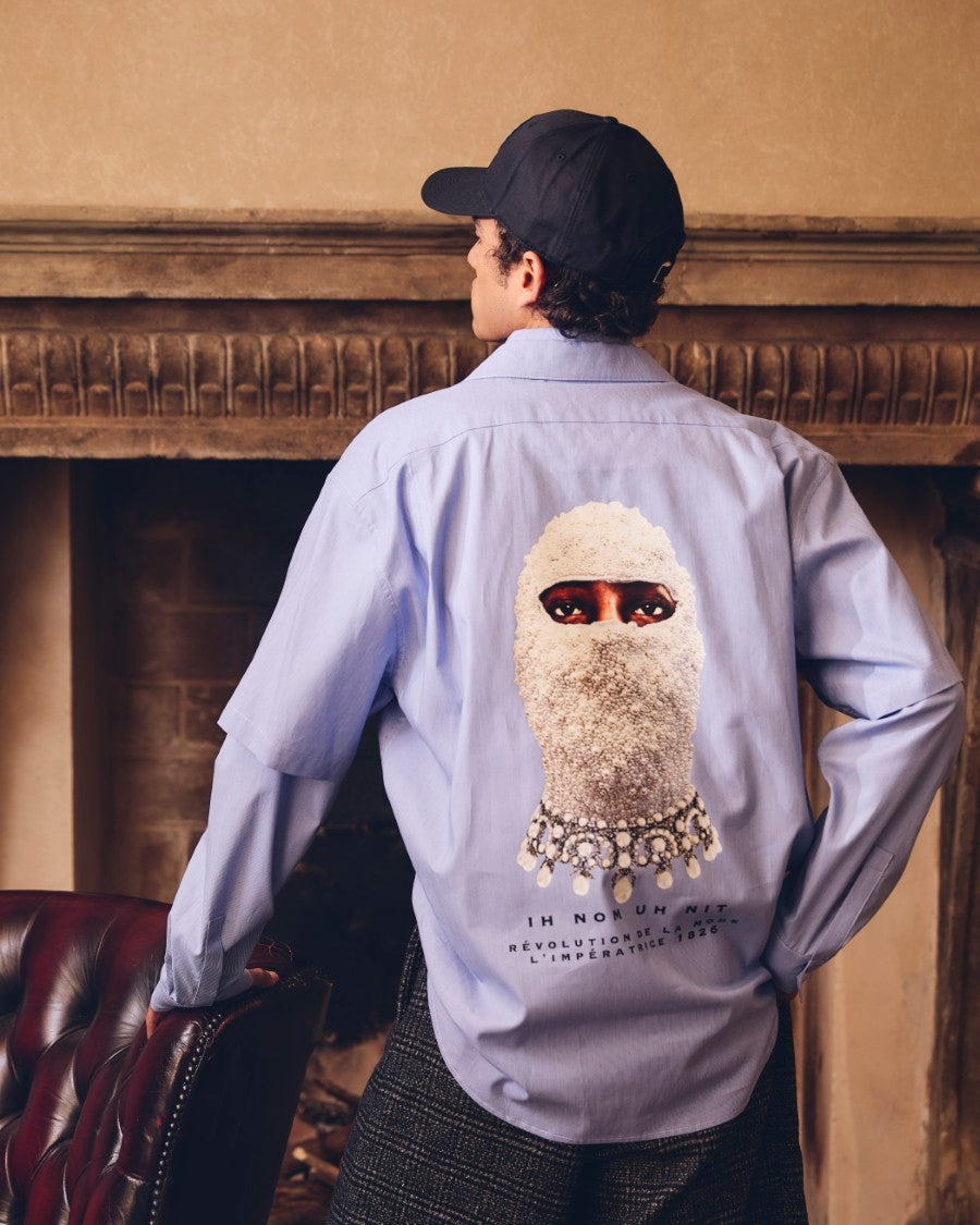 IH NOM UH NIT Fall/Winter 2026 look with New Future Mask Bowling Shirt and wide pleated flannel pants