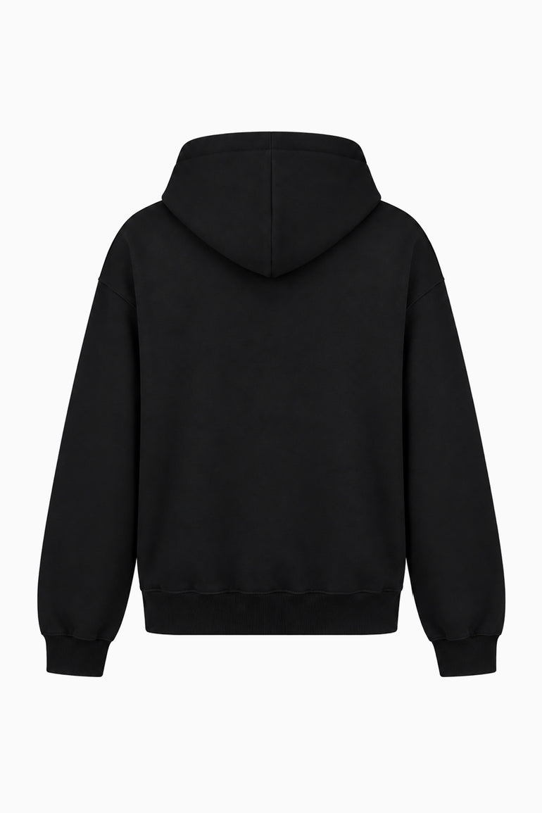 IH NOM UH NIT FW26 black oversized hoodie with tonal number 5, logo lettering and patch details, front view