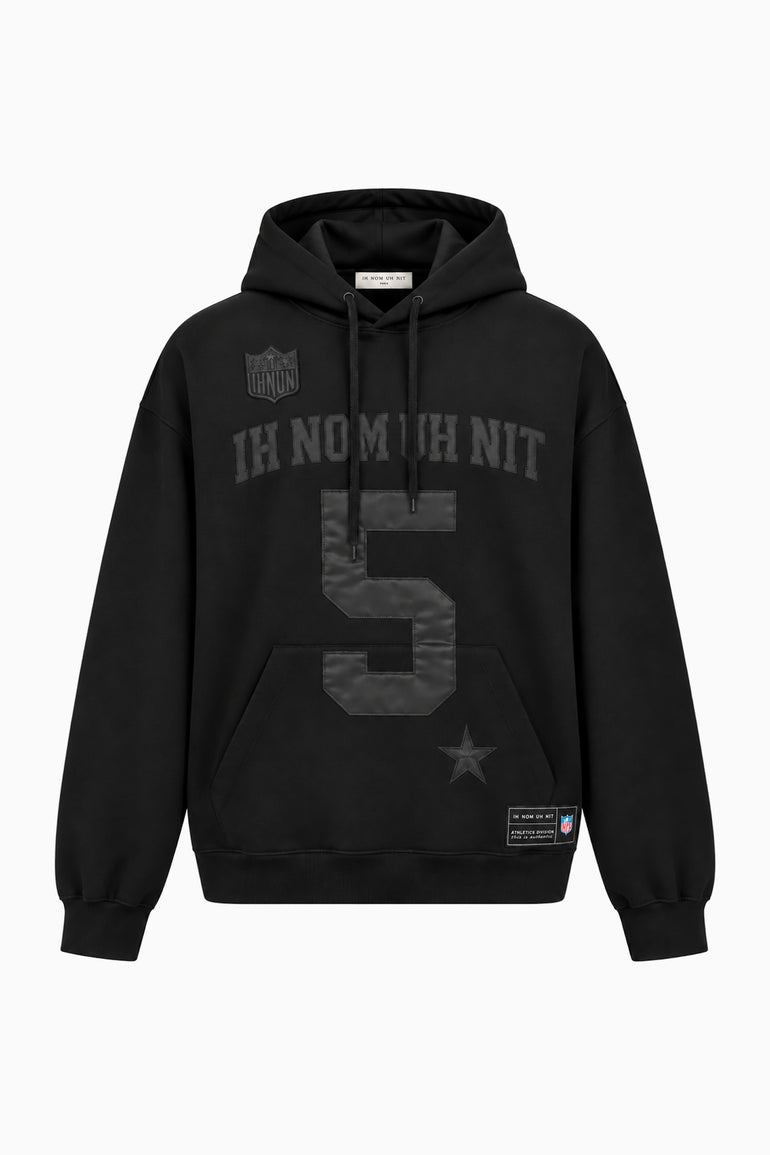 IH NOM UH NIT FW26 black oversized hoodie with tonal number 5, logo lettering and patch details, front view