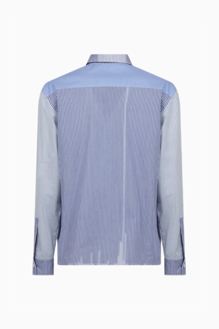 IH NOM UH NIT FW26 blue and white mixed stripe cotton shirt with contrasting shoulder yoke, back view