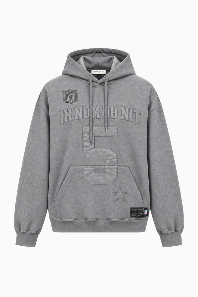 IH NOM UH NIT FW26 grey oversized hoodie with tonal number 5, logo lettering and patch details, front view