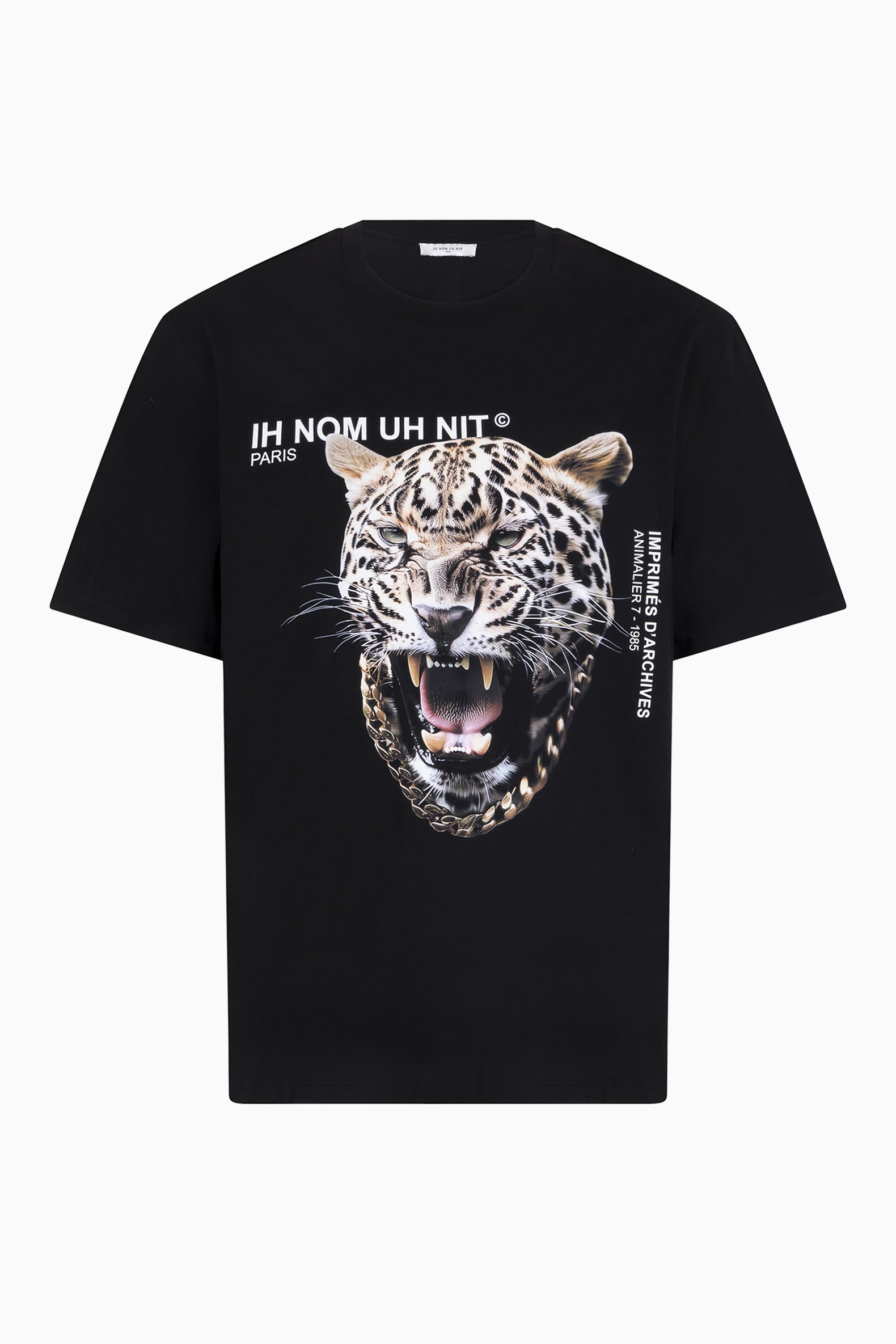 IH NOM UH NIT black T-shirt with leopard print on front.