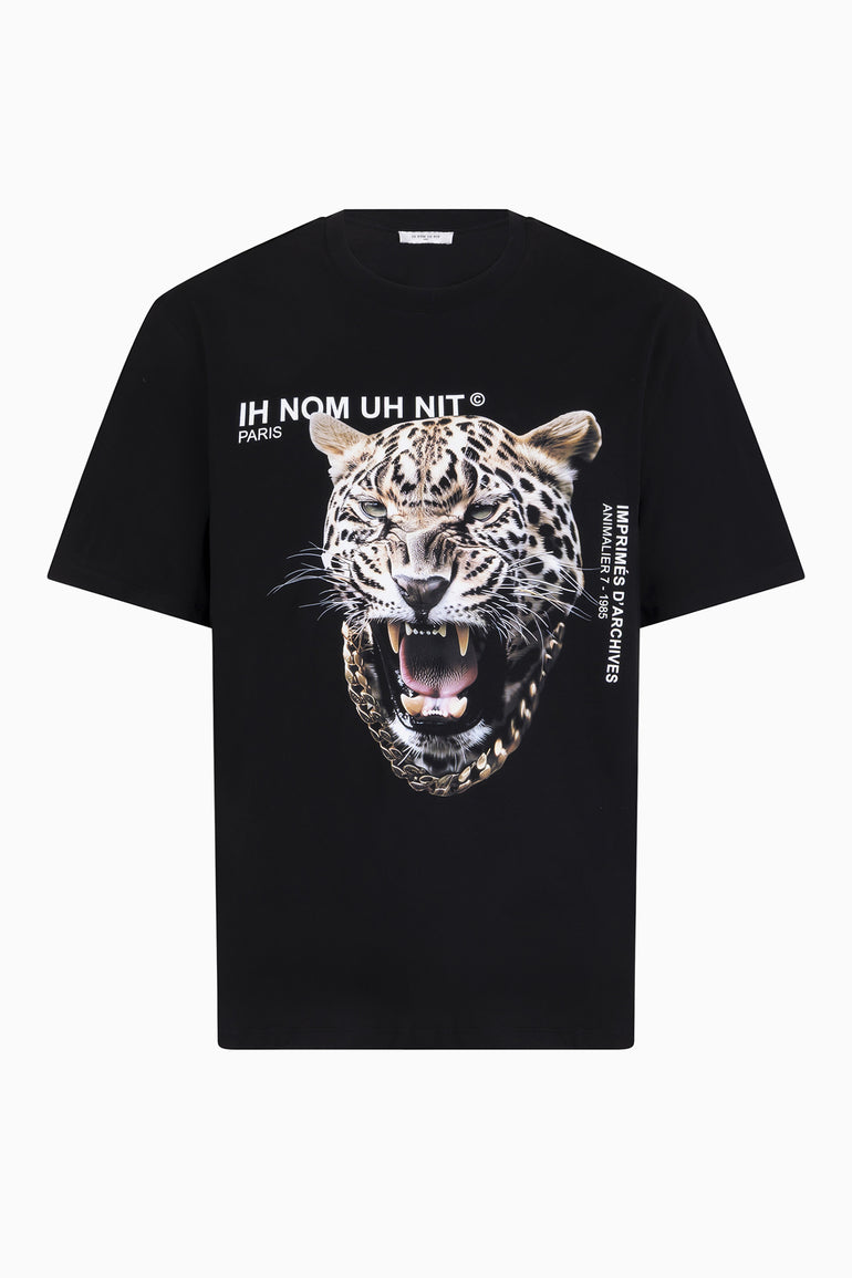 IH NOM UH NIT black T-shirt with leopard print on front.
