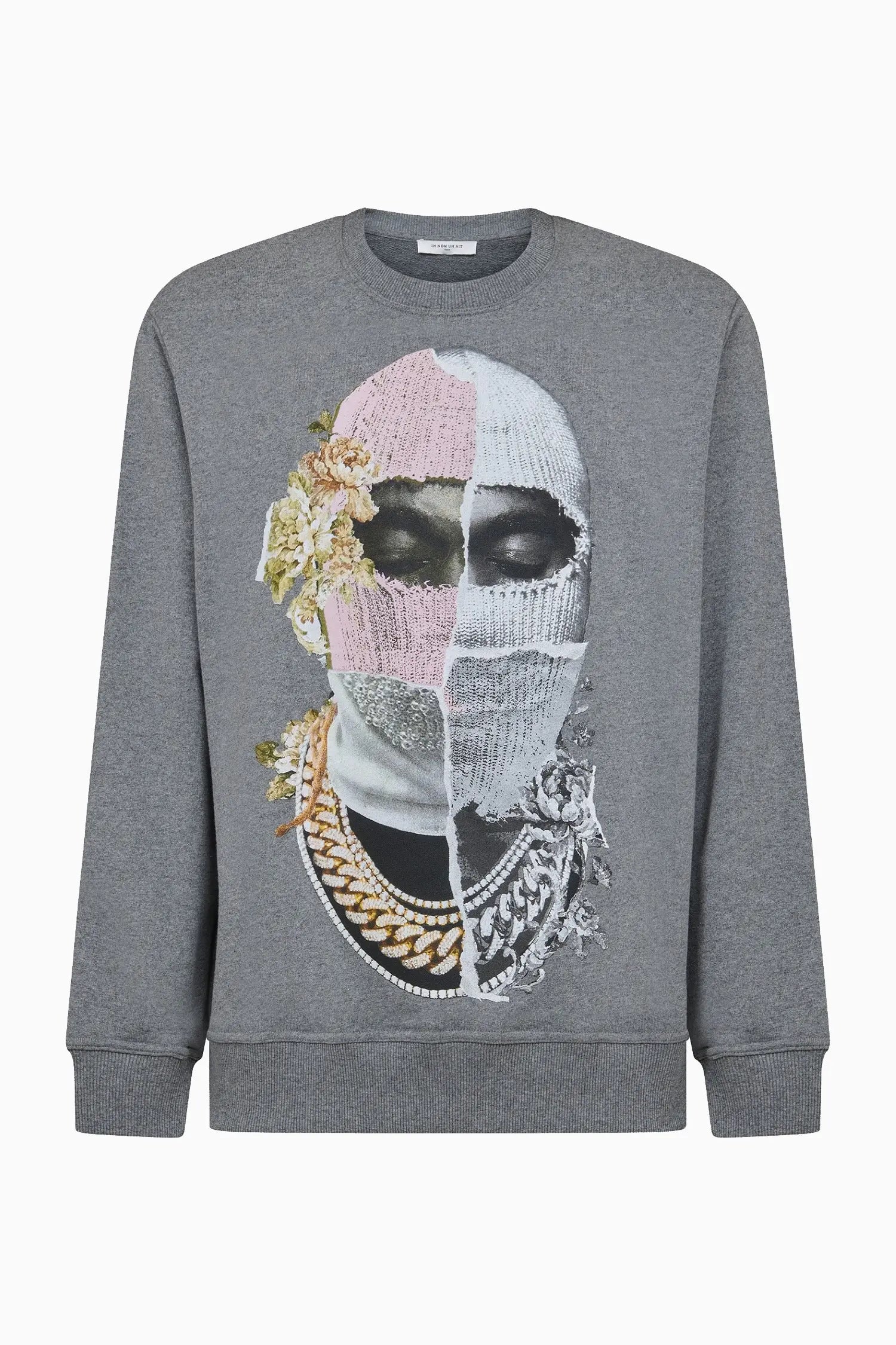 Crewneck newspaper mask print Ih Nom Uh Nit.
