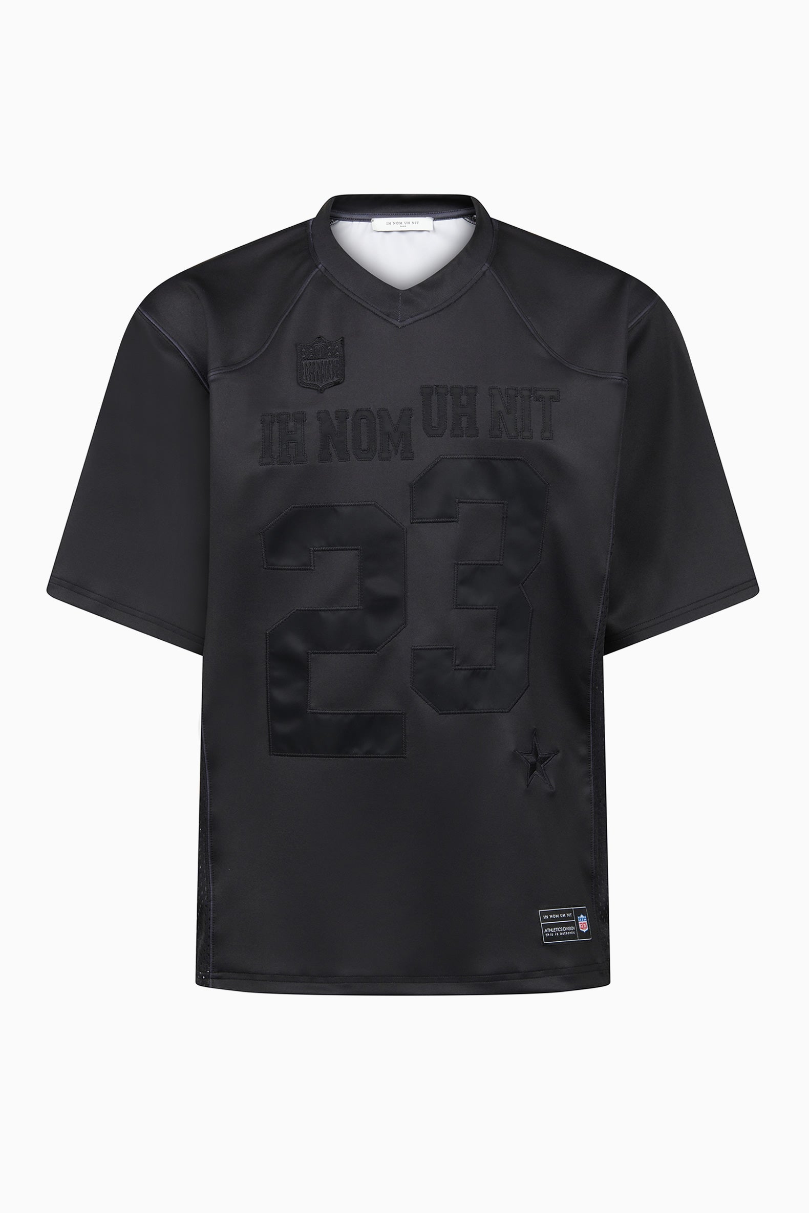 Front view of black NFL tech jersey t-shirt 23 with tonal logo and embroidery by IH NOM UH NIT.