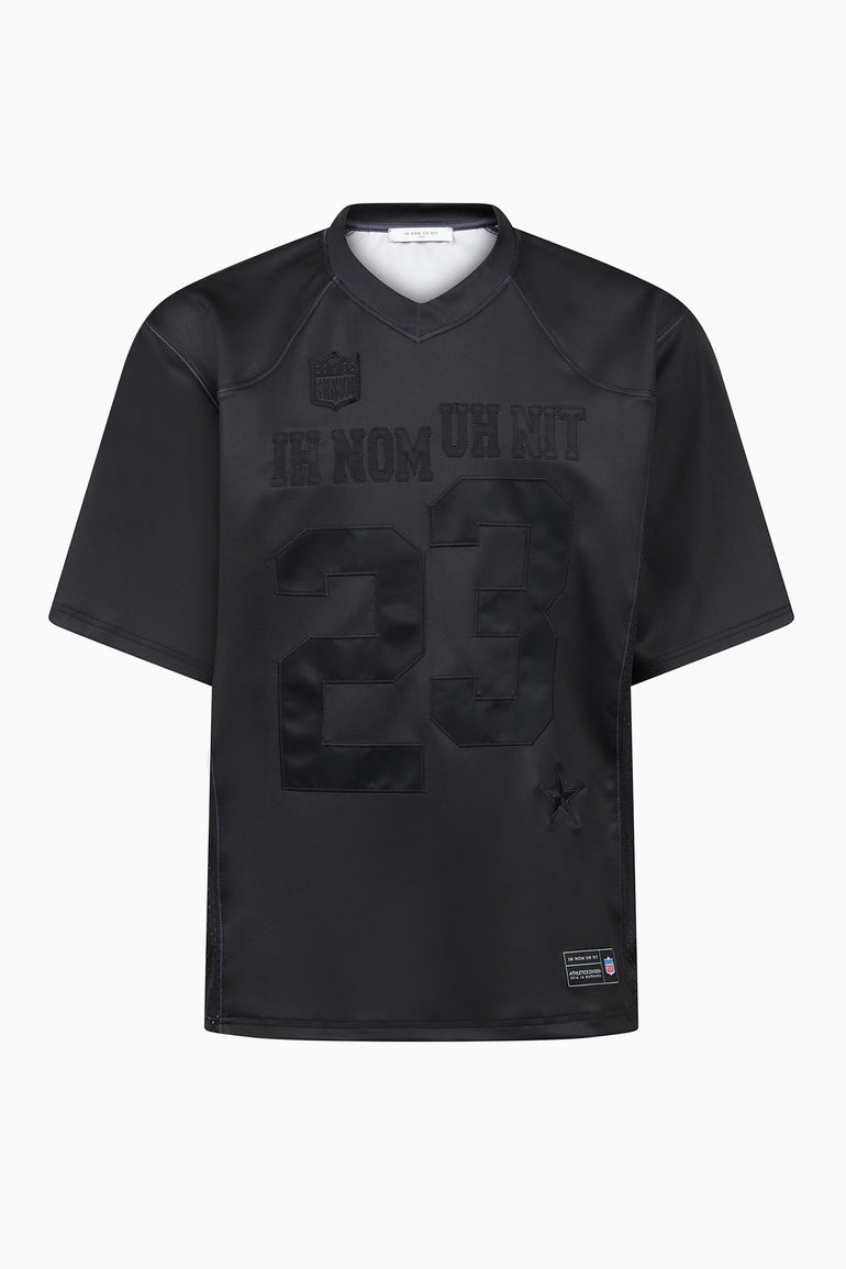 Front view of black NFL tech jersey t-shirt 23 with tonal logo and embroidery by IH NOM UH NIT.