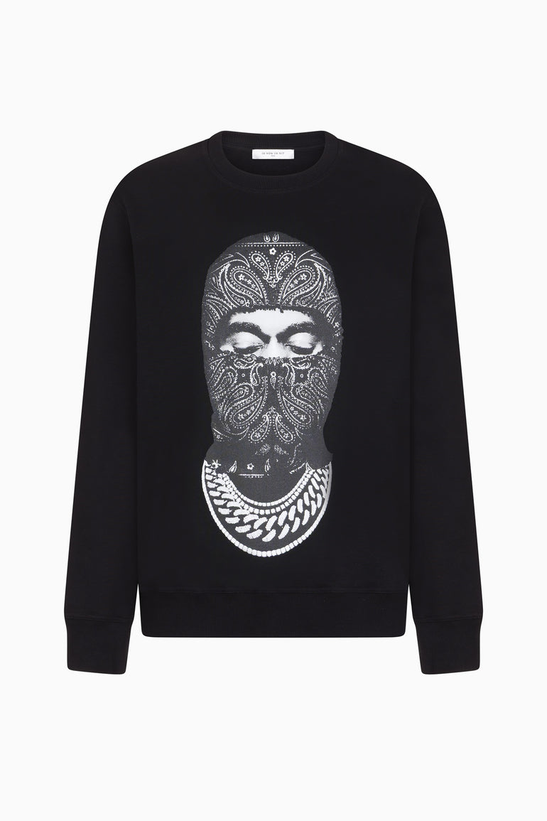 black crewneck sweatshirt with paisley mask print front and IH NOM UH NIT Paris logo back.