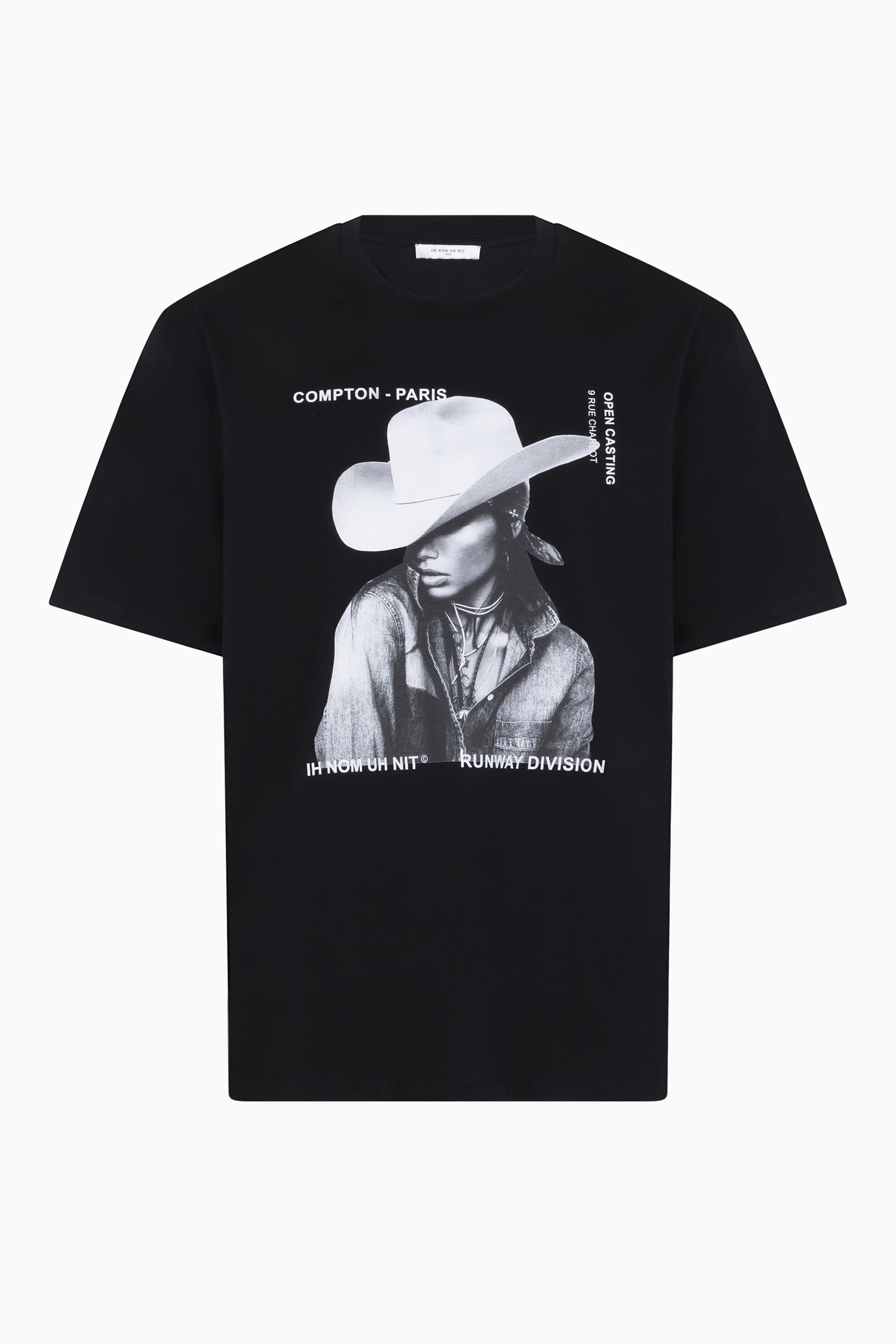Ih Nom Uh Nit black cotton T-shirt with cowgirl graphic and logo text