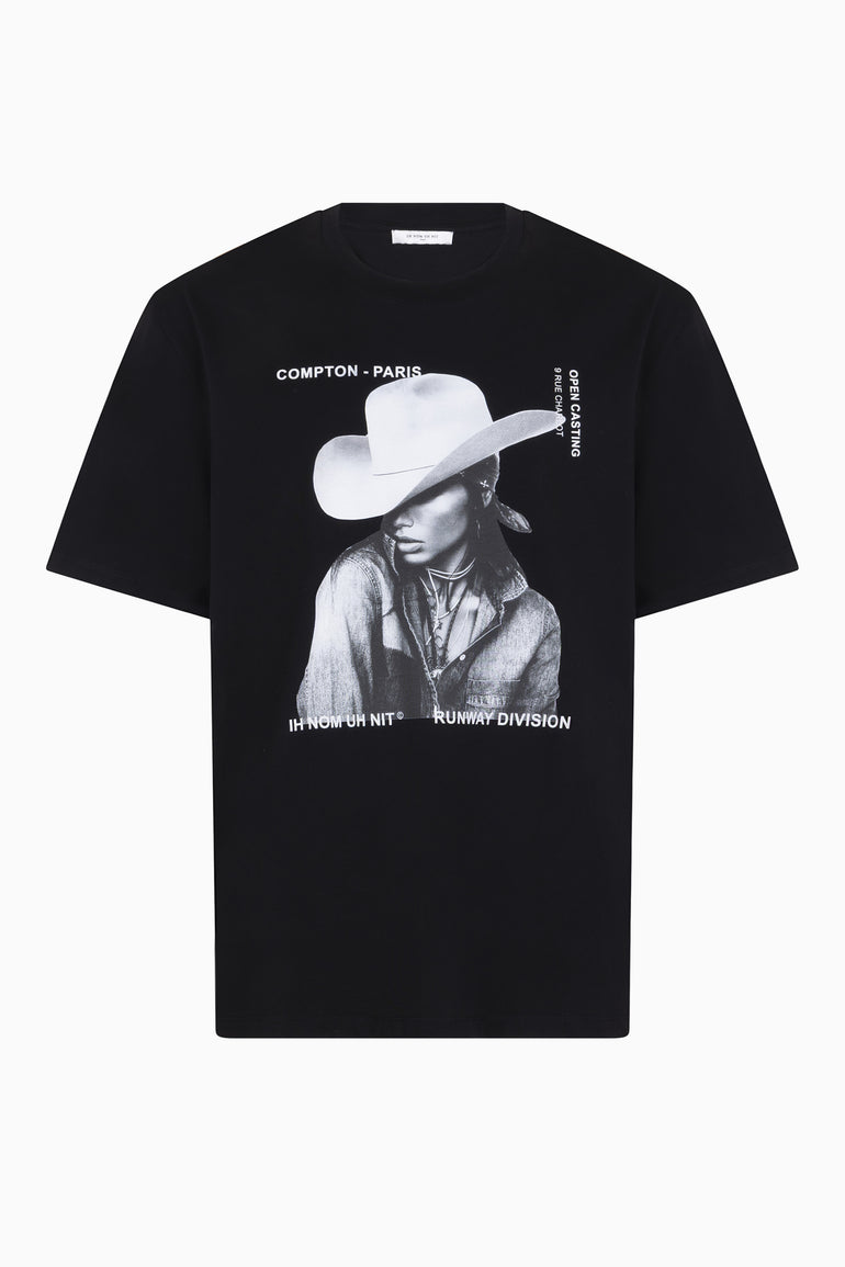 Ih Nom Uh Nit black cotton T-shirt with cowgirl graphic and logo text