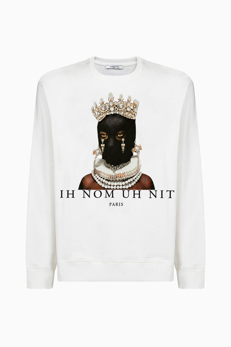 IH NOM UH NIT white cotton crewneck sweatshirt with Mask Queen photographic print, jeweled crown and jewelry imagery, front view.