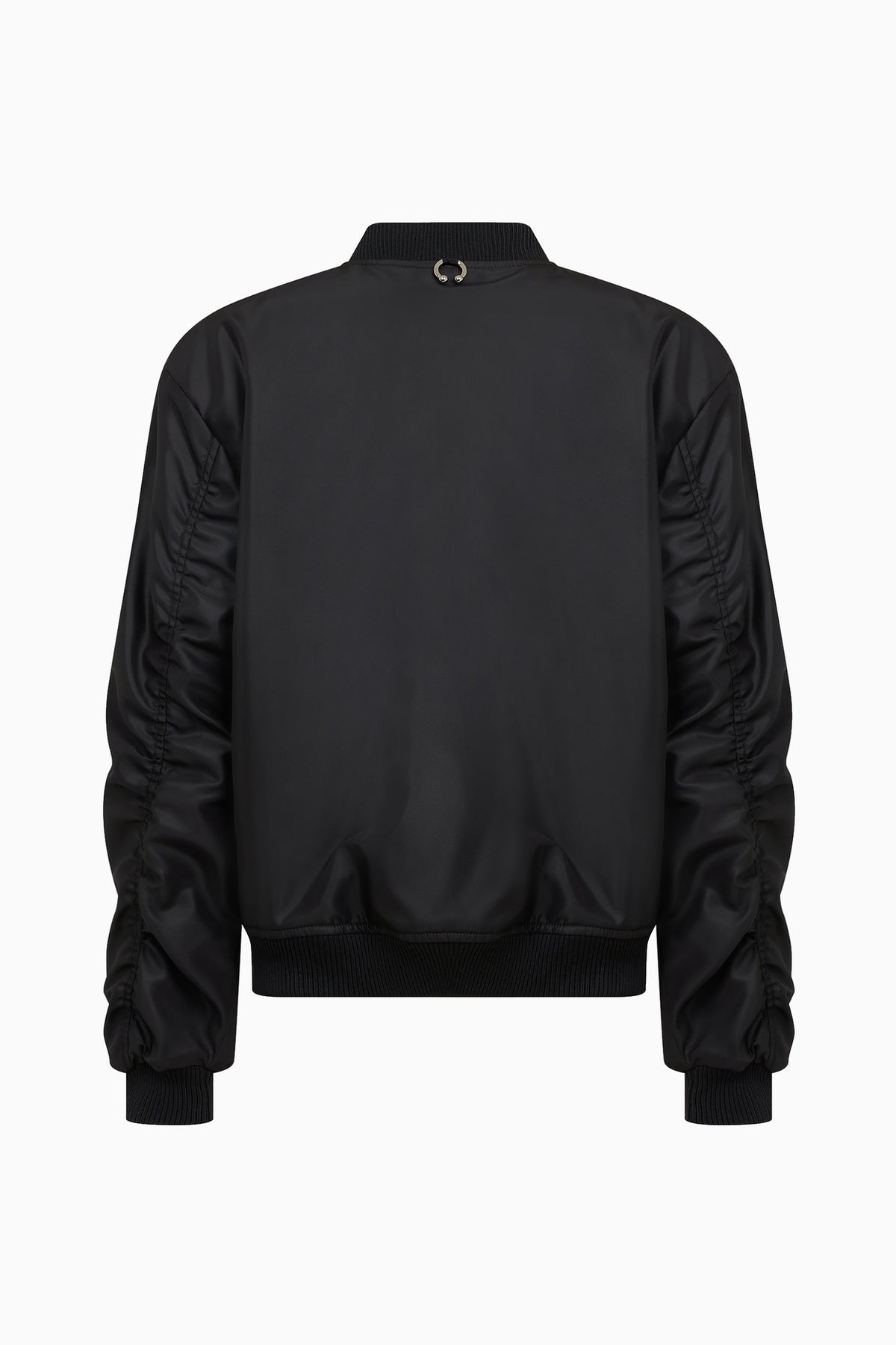 IH NOM UH NIT FW26 oversized black nylon bomber jacket with gathered sleeve detailing, back view