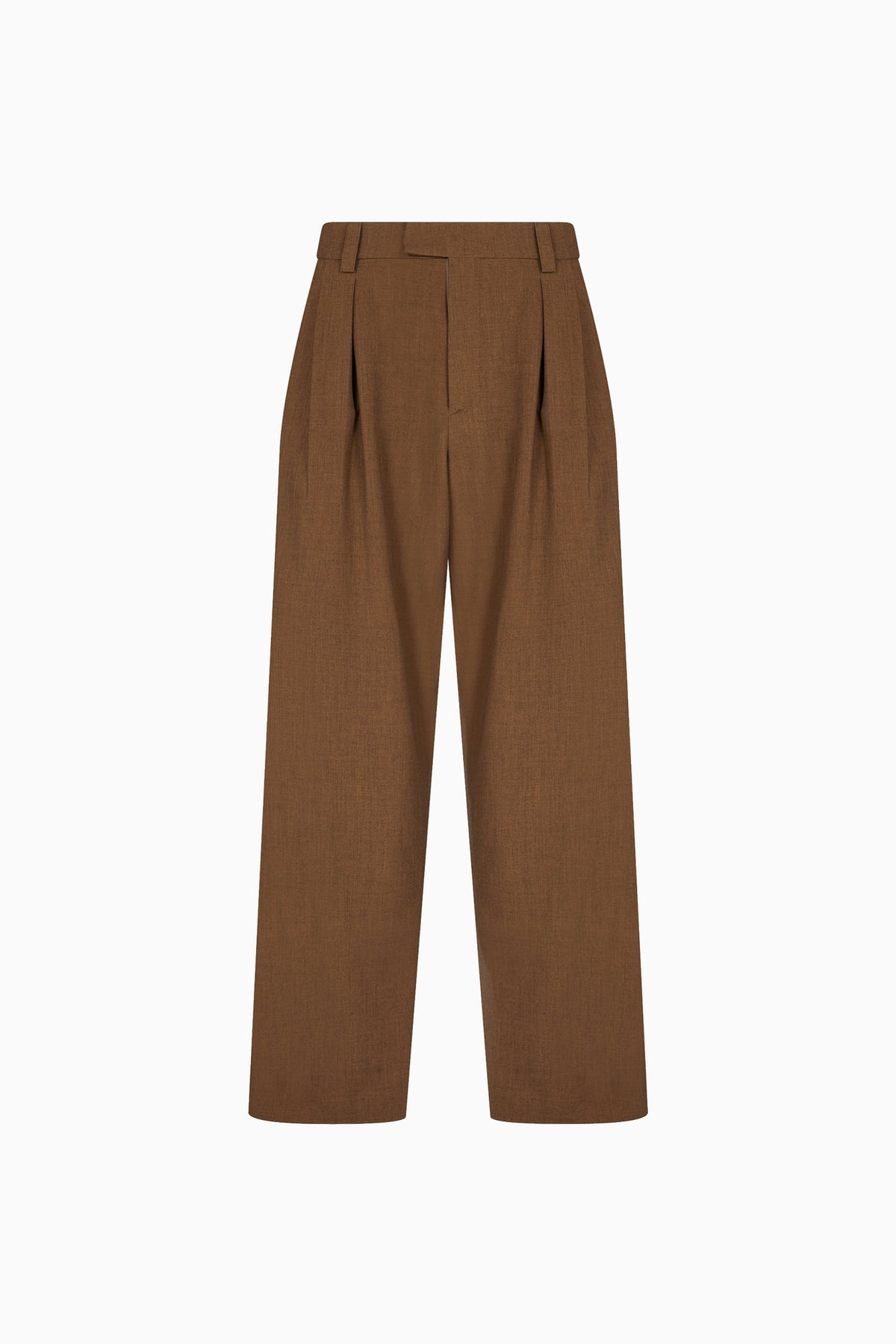 IH NOM UH NIT FW26 brown wide-leg flannel trousers with front pleats and tailored waistband, front view