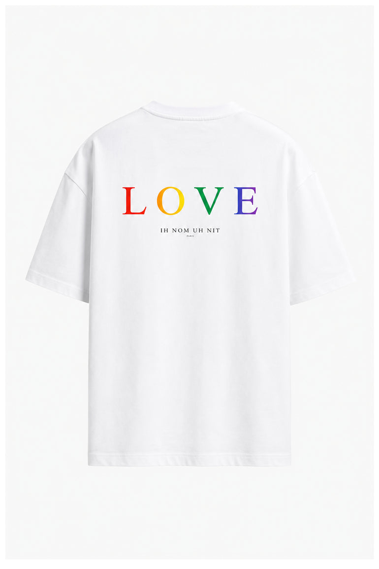 IH NOM UH NIT Mask Off – Love All white T-shirt with rainbow mask graphic and LOVE artwork from the online exclusive capsule collection.