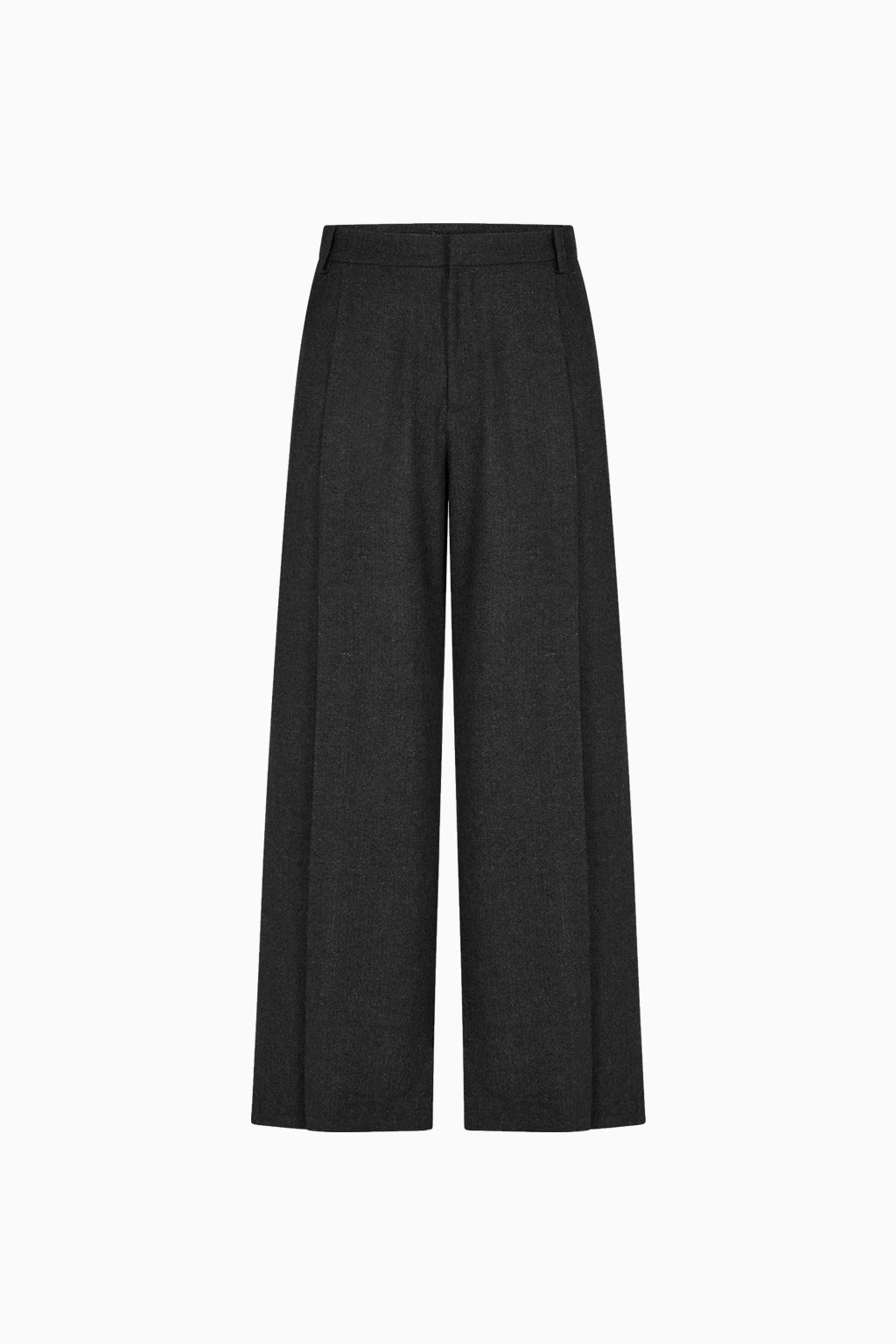 IH NOM UH NIT charcoal grey wide-leg flannel pants with high-rise waist, front view