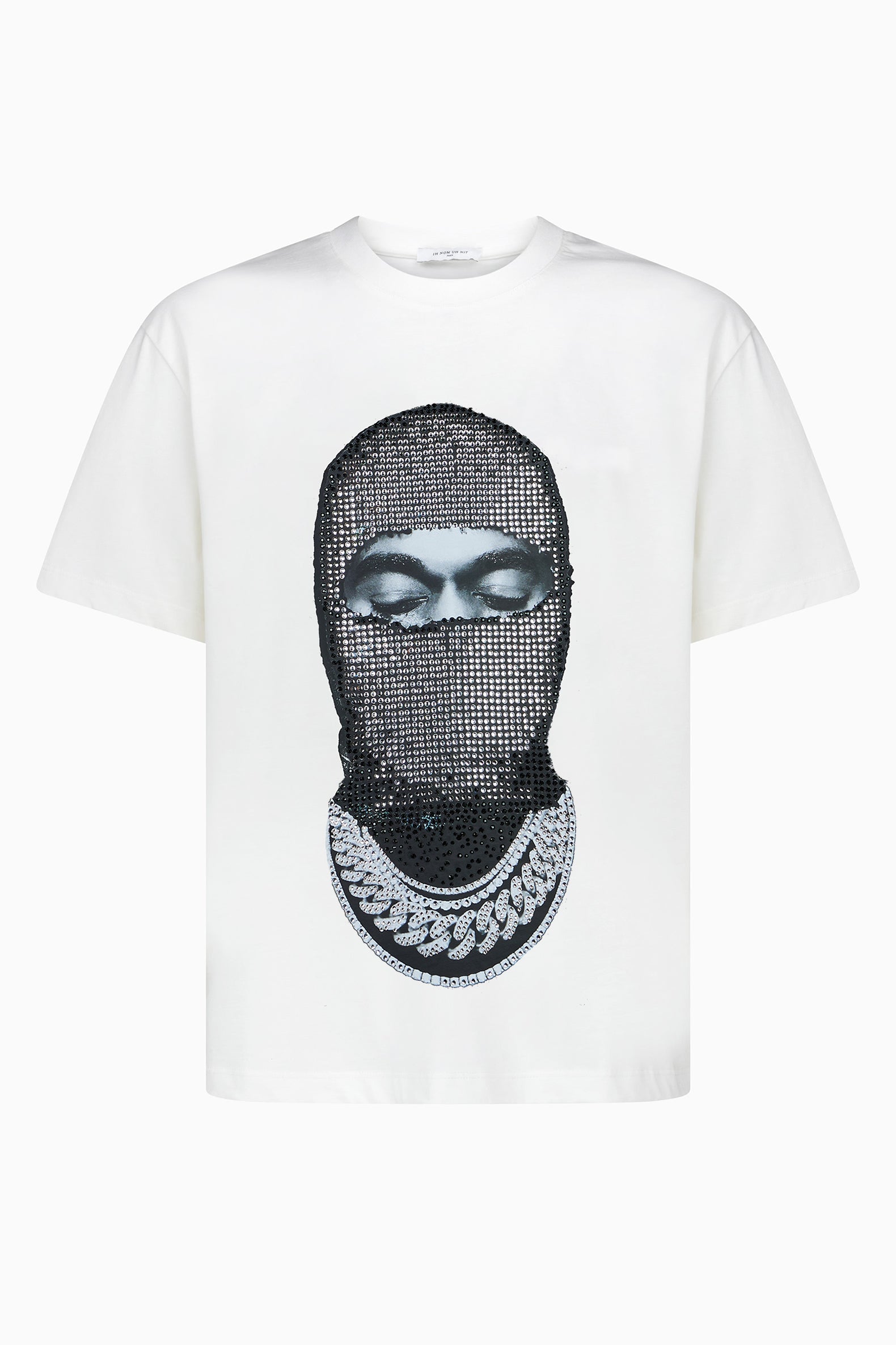 Front view of black IH NOM UH NIT T-shirt with Diamond Mask hotfix rhinestones