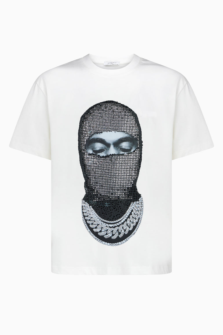 Front view of black IH NOM UH NIT T-shirt with Diamond Mask hotfix rhinestones