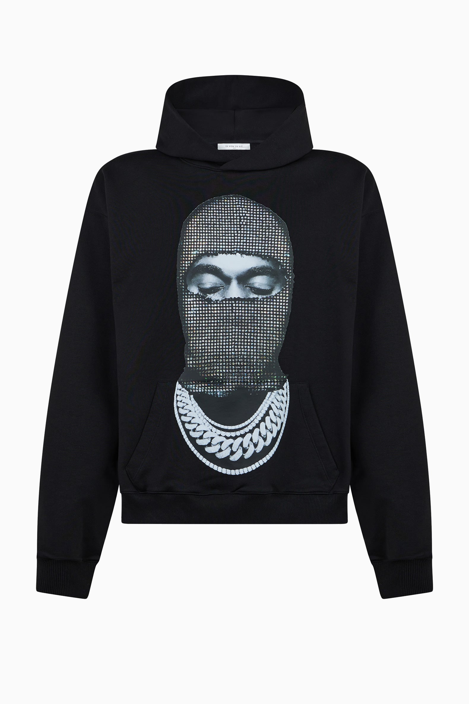 Ih Nom Uh Nit black fleece hoodie with diamond mask print and logo back