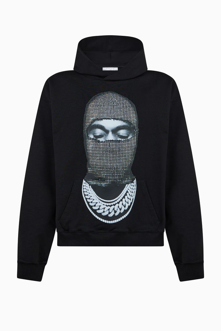 Ih Nom Uh Nit black fleece hoodie with diamond mask print and logo back