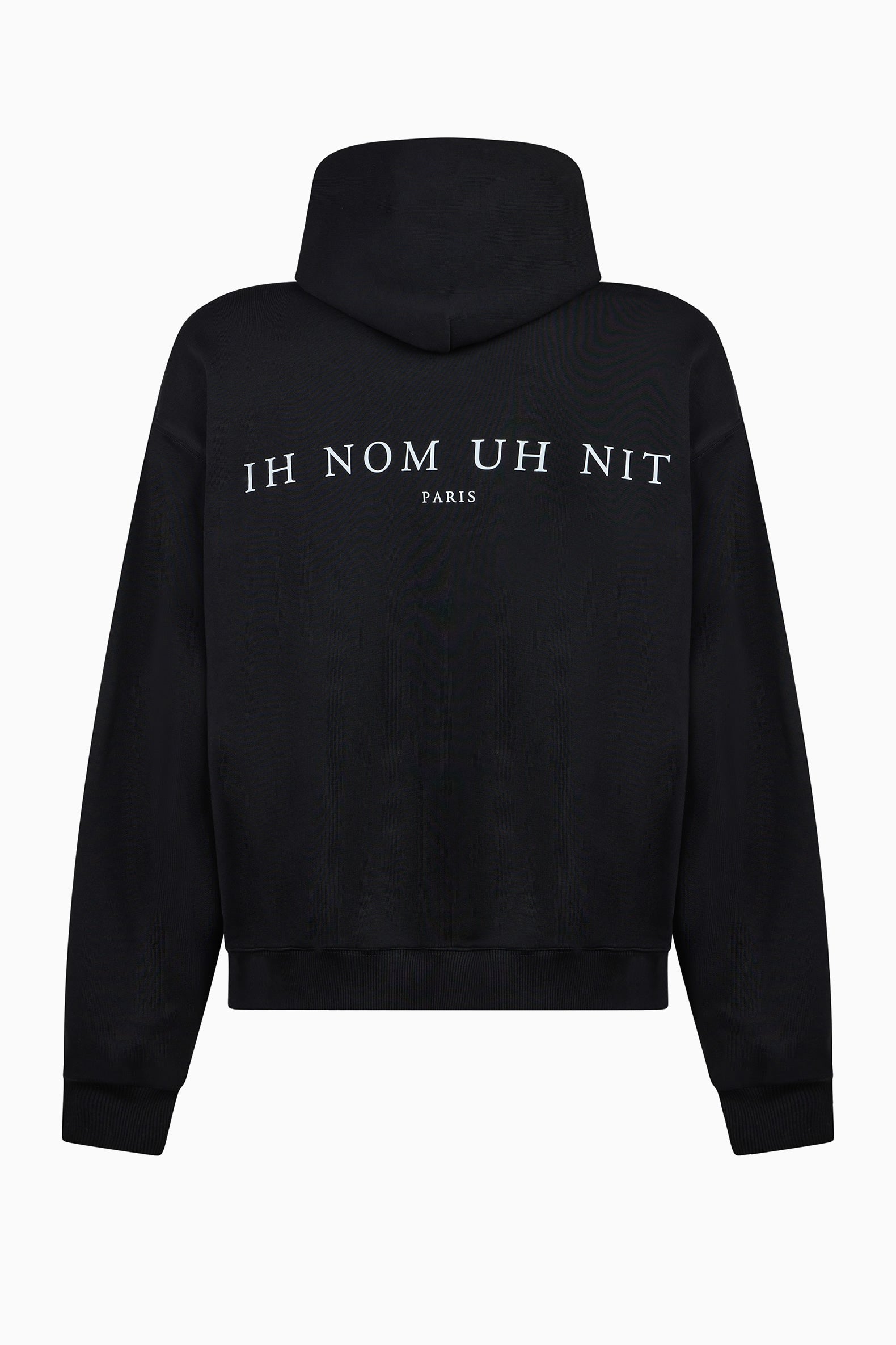 Ih Nom Uh Nit black fleece hoodie with diamond mask print and logo back