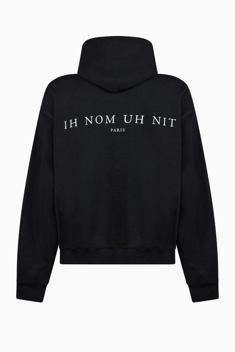 Ih Nom Uh Nit black fleece hoodie with diamond mask print and logo back